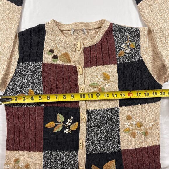 Cabin Creek Ramie Cotton Sweater Cardigan Patchwork Fall Leaves Toggle Buttons - Picture 3 of 10